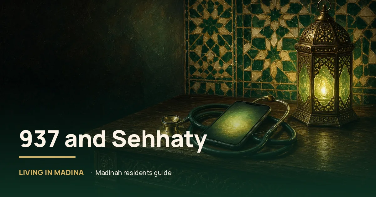 Painted stethoscope around a glowing phone beside a green lantern and geometric tiles. Illustrative painting.