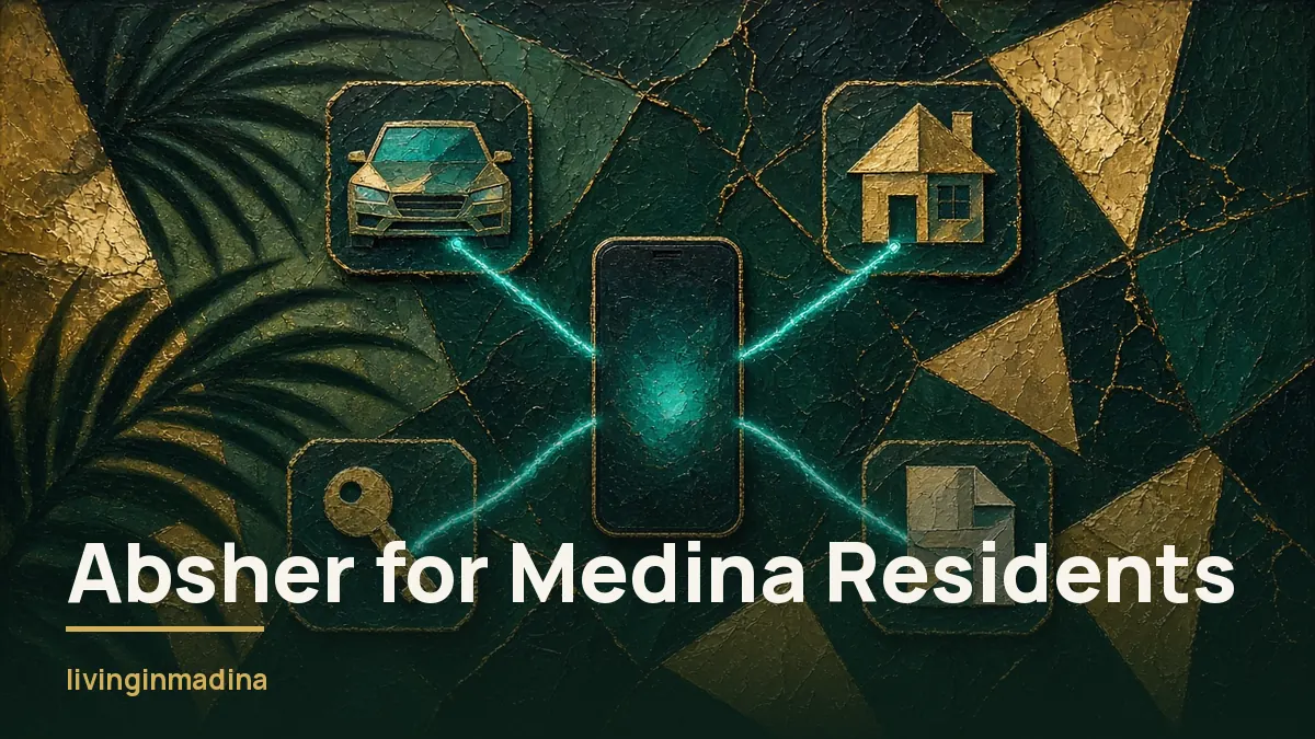 Smartphone linked by teal light threads to car, house, key and document tiles over palm-frond shadows: Absher services for Medina residents