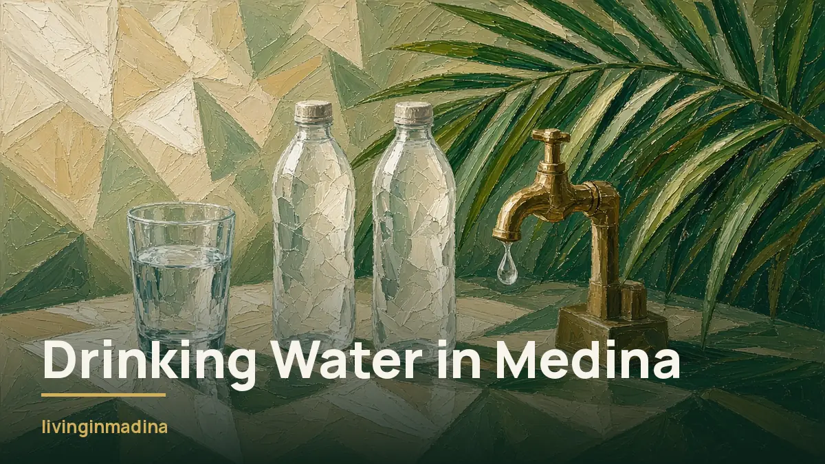 Painting of a clear glass of water beside plain bottles and a brass tap with a falling drop, framed by palm fronds in green and cream: drinking water in Medina