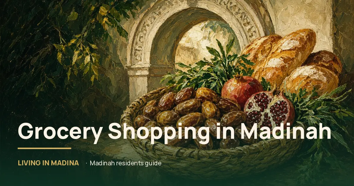 Painted basket of Madinah dates, pomegranates, bread and herbs in a sunlit stone market alcove