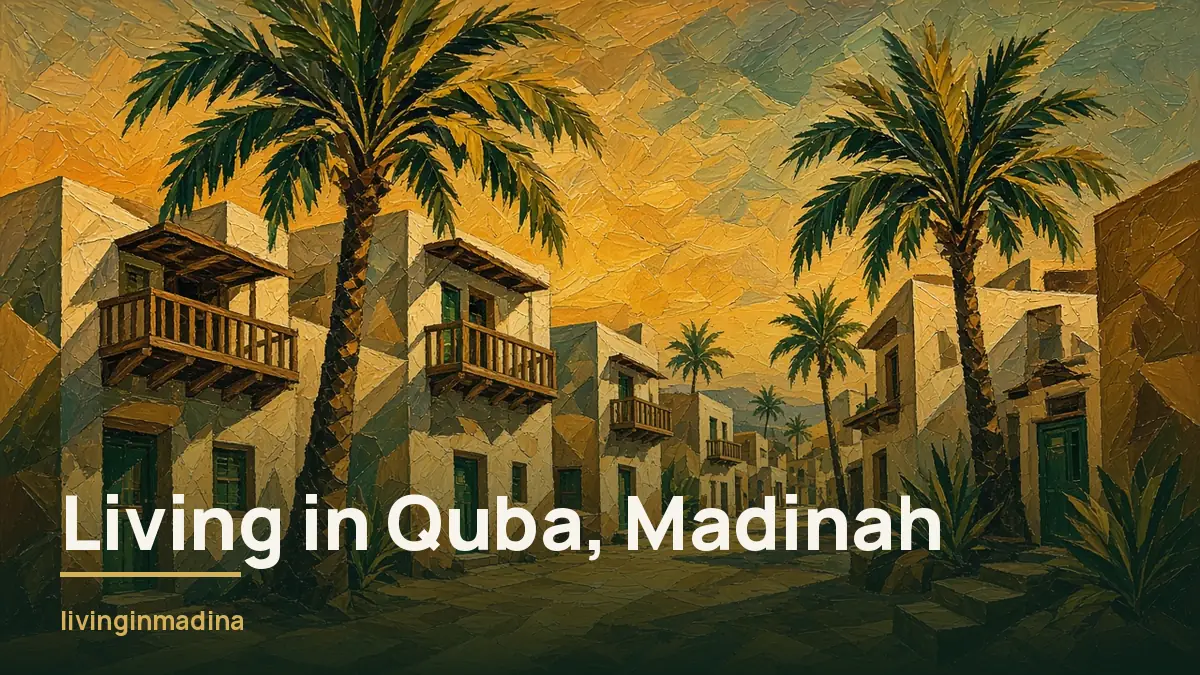 Quiet golden-hour street of cream houses with wooden balconies, green doors and tall date palms: living in Quba, Madinah