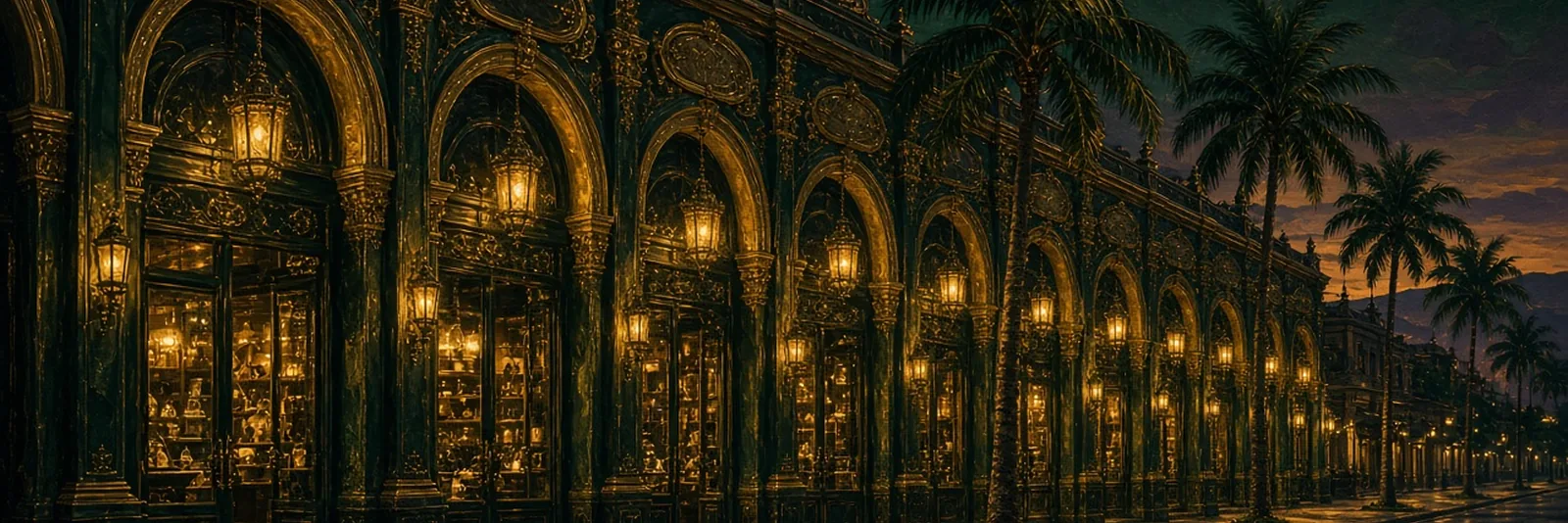 Painted emerald and gold arcade of lit shopfronts along a palm-lined street at night