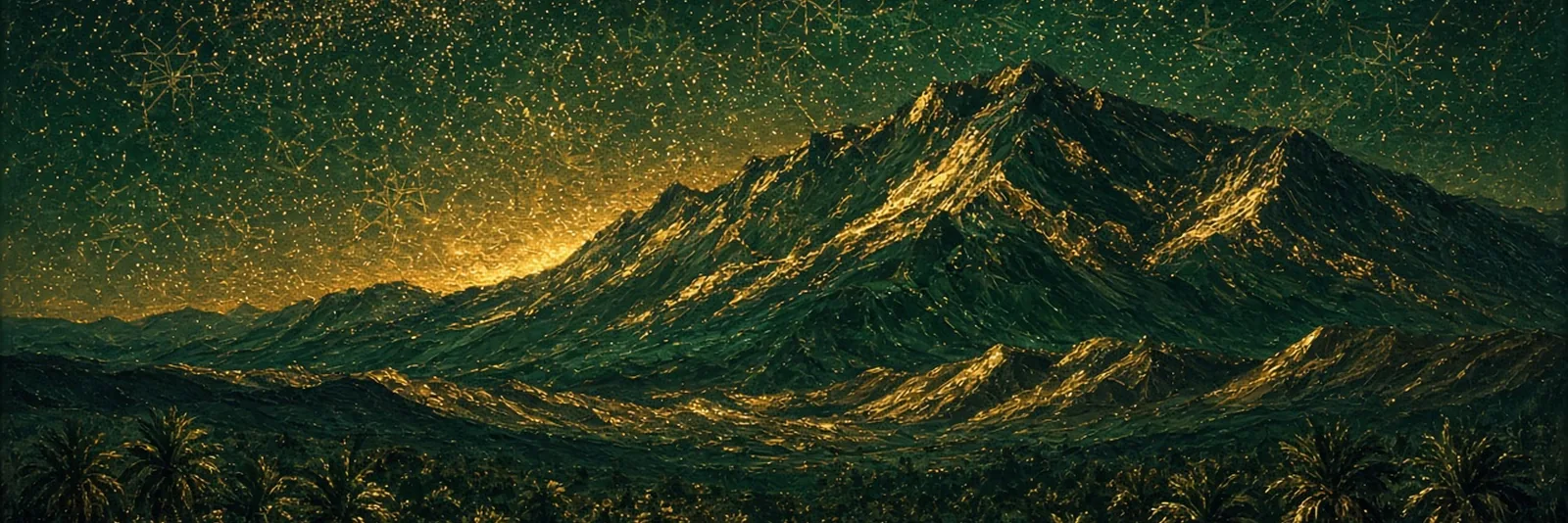 Painted Mount Uhud under a gold-dusted starry sky above palm groves