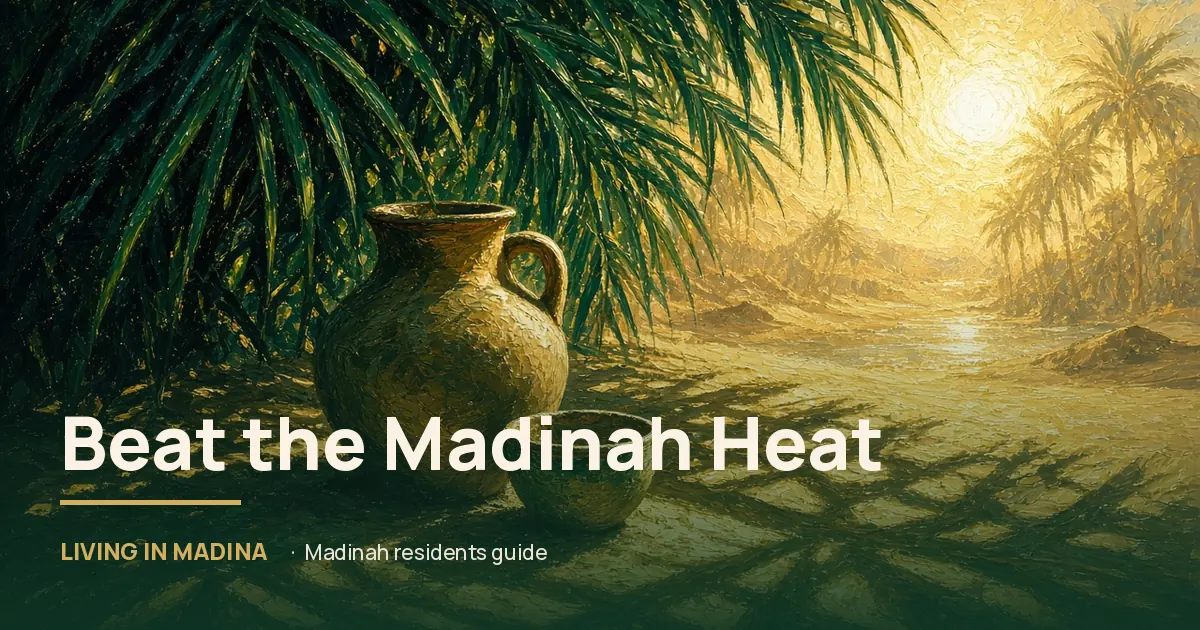 Painted clay water jug and cup in deep palm shade under a blazing sun. Illustrative painting.