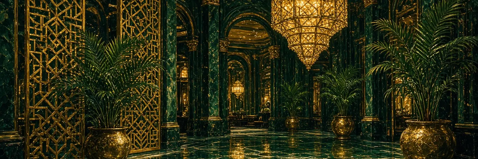 Painted emerald marble hotel lobby with gold lattice screens, chandelier and potted palms