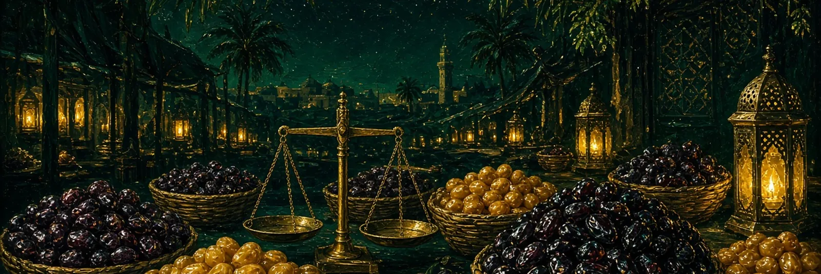 Painted lantern-lit dates market at night with baskets of Ajwa and Sukkari and brass scales
