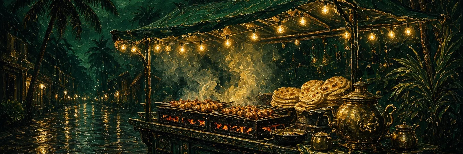 Painted night street food cart with charcoal grill, bread and brass tea kettles under palms