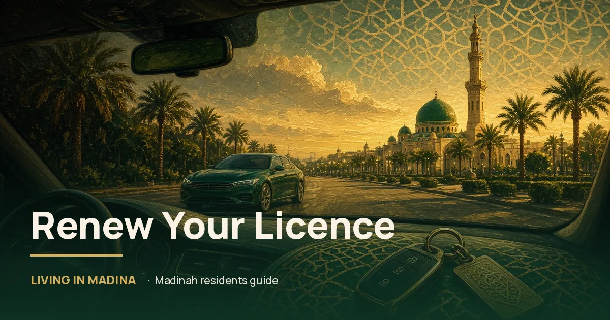 Painted view through a windscreen of a palm-lined Madinah boulevard, car keys on the dashboard. Illustrative painting.