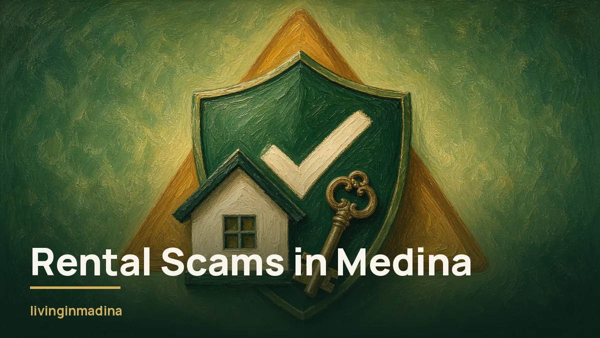Green shield with a tick in front of a house and brass key, a gold warning triangle behind: rental scams in Medina and how to verify a landlord