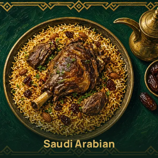 Painted Saudi Arabian dishes, top-down, on emerald