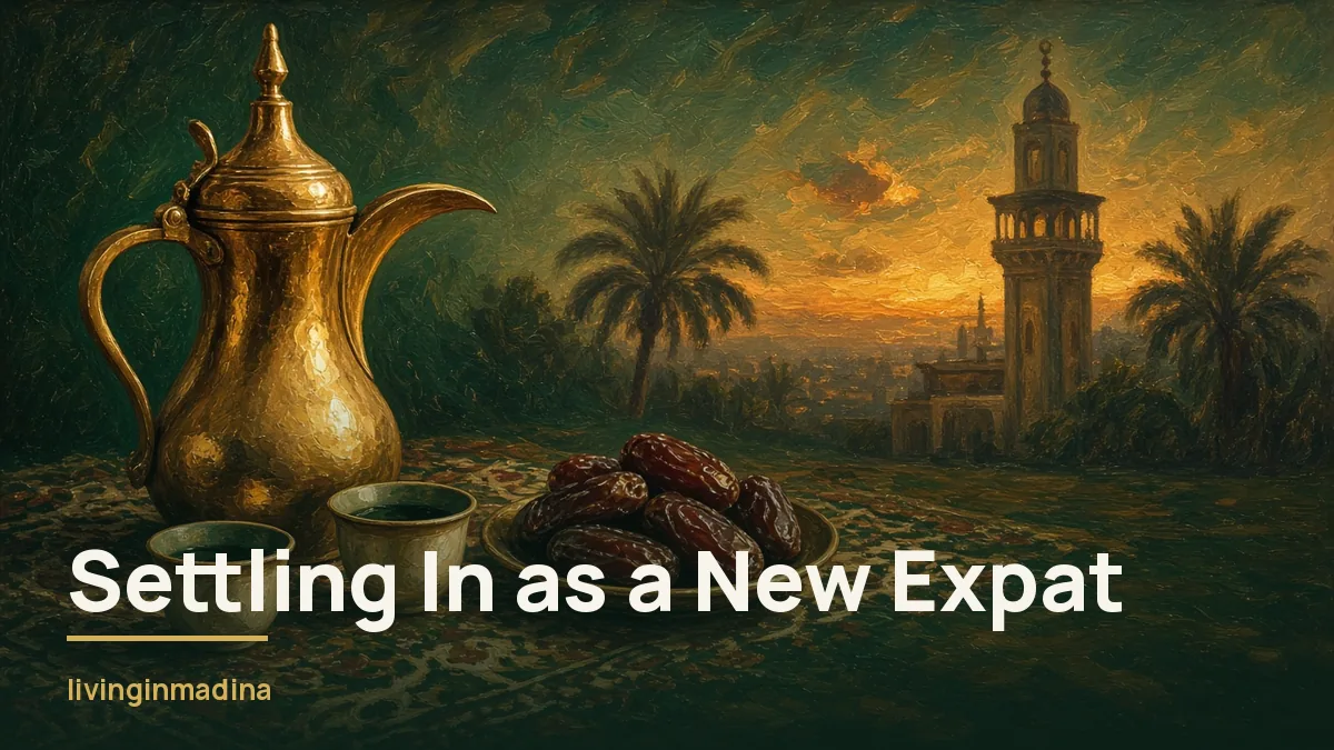Oil painting of a brass dallah, coffee cups and dates on a patterned rug with a neighbourhood minaret and palms at dusk: settling in as a new expat in Madina
