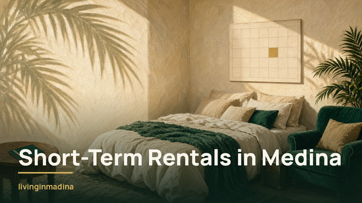 Painted furnished studio with cream bedding, an emerald throw and armchair, palm-frond shadows and a blank wall calendar with one month in gold: short-term rentals in Medina
