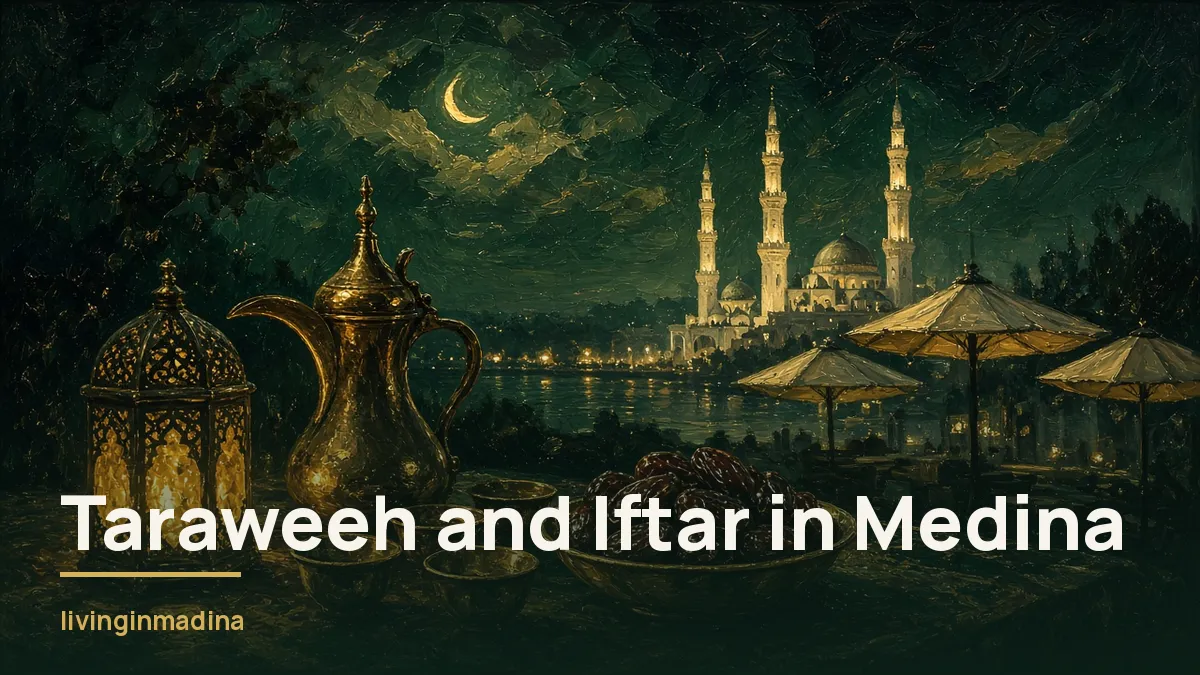 Iftar table with dates, brass dallah and cups by a lantern, minarets and canopies lit beyond